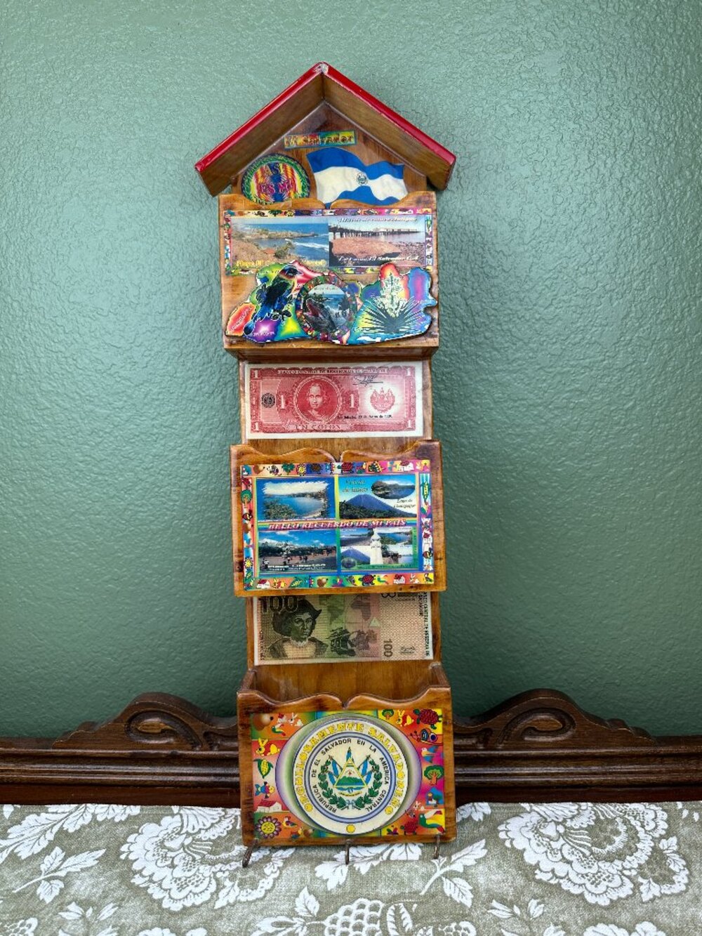 VTG El Salvador Currency Handcrafted Wood Letter Holder Key Rack